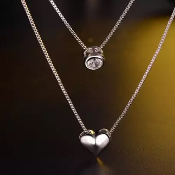 925 STERLING SILVER DIAMOND DOUBLE LAYER NECKLACE, NICE NECKLACE, CUTE NECKLACE - Picture 2 of 8